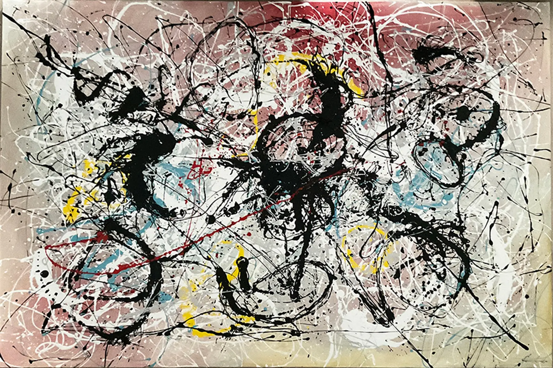 After the fall, de Fernando Sanz: trazos negros y blancos entrelazados sobre fondo rosado, con toques de rojo, amarillo y azul